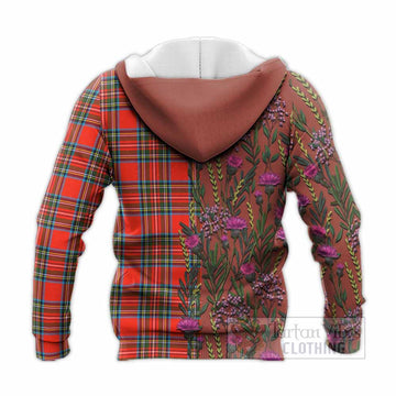 Stewart (Stuart) Family Crest Tartan Knitted Hoodie Scottish Thistle Flower Pattern Half Style - Tartan Vibes Clothing