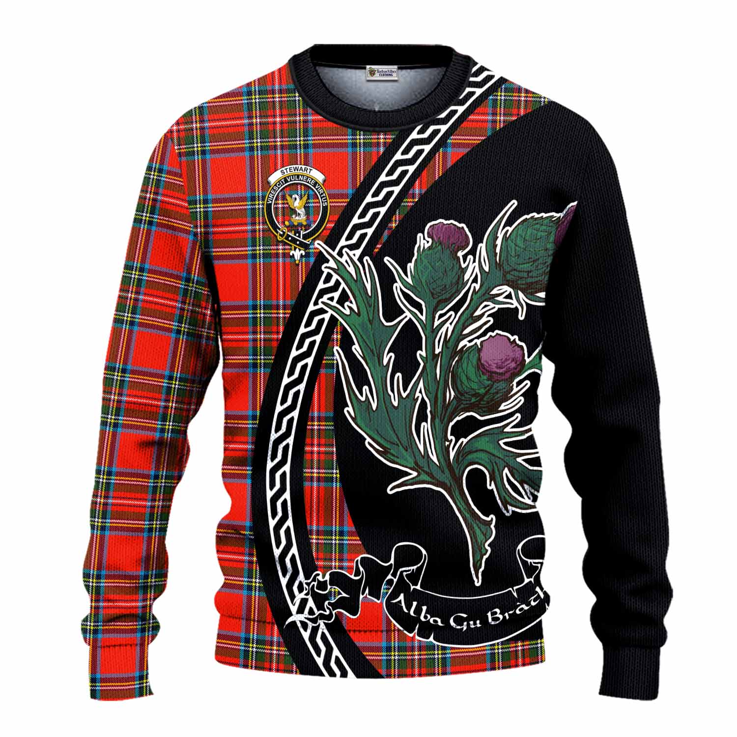 Stewart (Stuart) Family Crest Tartan Knitted Sweater Alba Thistle Inspired - Tartan Vibes Clothing