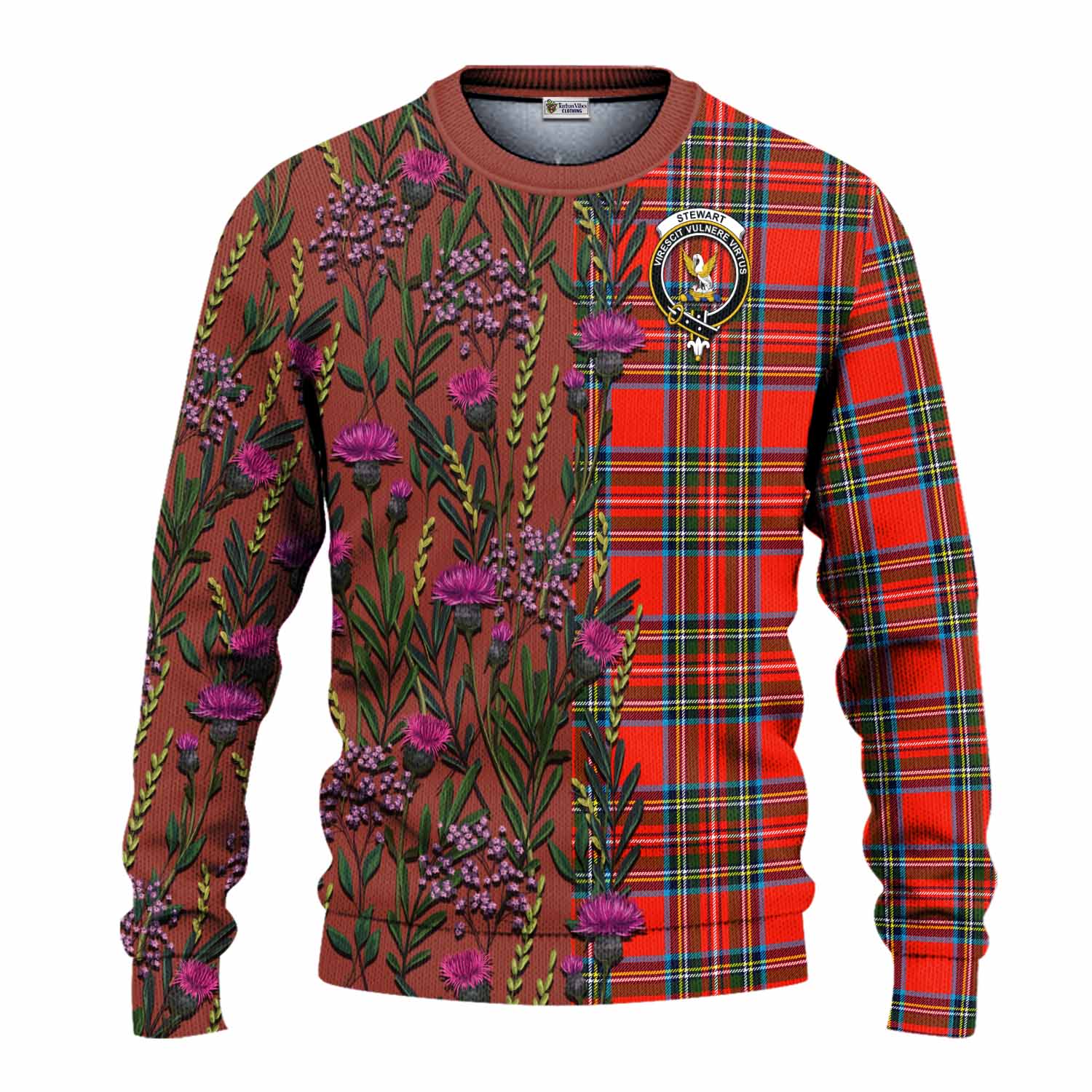 Stewart (Stuart) Family Crest Tartan Knitted Sweater Scottish Thistle Flower Pattern Half Style - Tartan Vibes Clothing