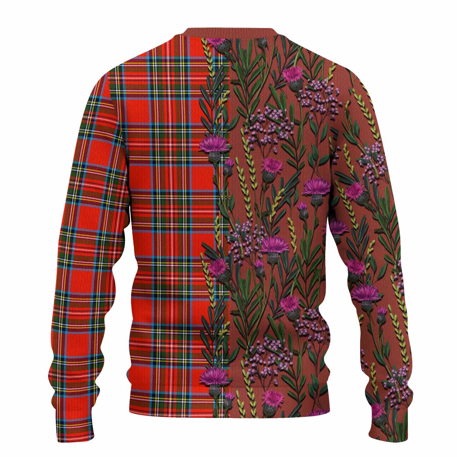 Stewart (Stuart) Family Crest Tartan Knitted Sweater Scottish Thistle Flower Pattern Half Style - Tartan Vibes Clothing