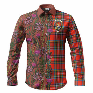 Stewart (Stuart) Family Crest Tartan Long Sleeve Button Shirts Scottish Thistle Flower Pattern Half Style