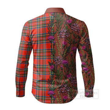 Stewart (Stuart) Family Crest Tartan Long Sleeve Button Shirts Scottish Thistle Flower Pattern Half Style