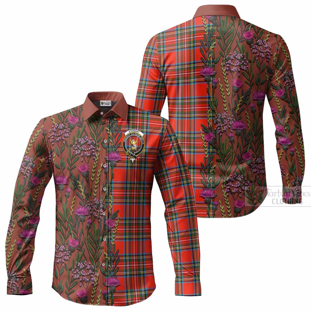 Stewart (Stuart) Family Crest Tartan Long Sleeve Button Shirts Scottish Thistle Flower Pattern Half Style - Tartan Vibes Clothing