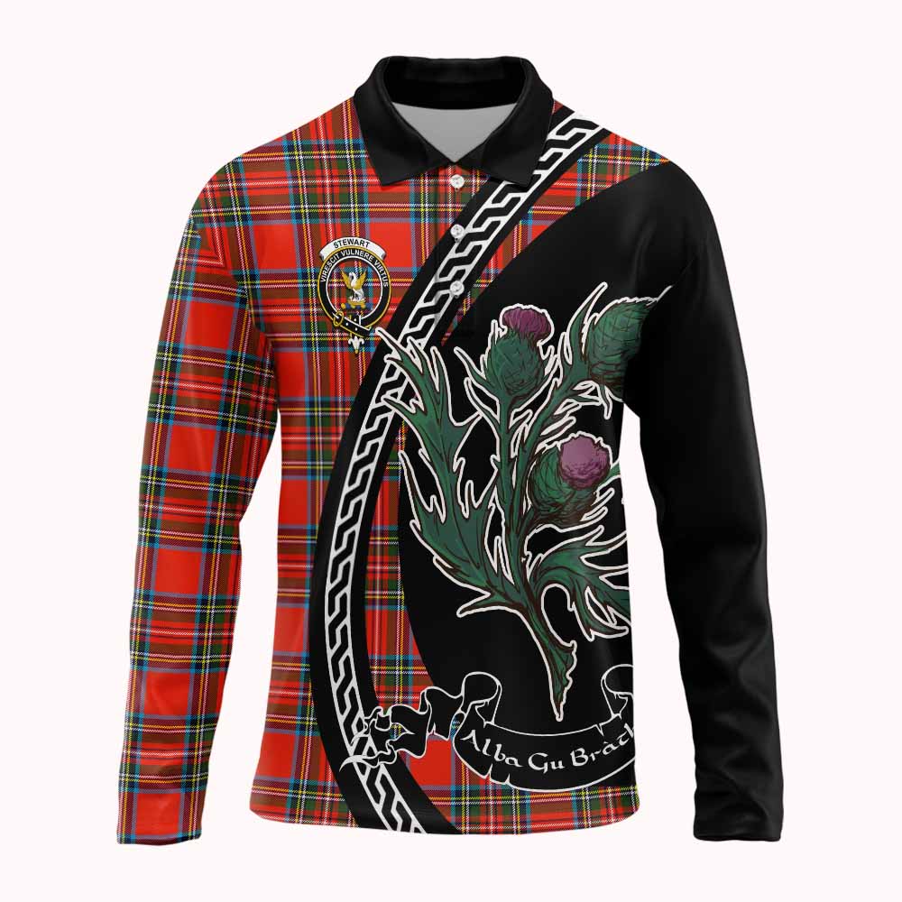 Stewart (Stuart) Family Crest Tartan Long Sleeve Polo Shirt Alba Thistle Inspired - Tartan Vibes Clothing