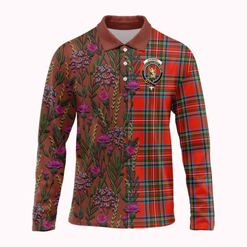 Stewart (Stuart) Family Crest Tartan Long Sleeve Polo Shirt Scottish Thistle Flower Pattern Half Style