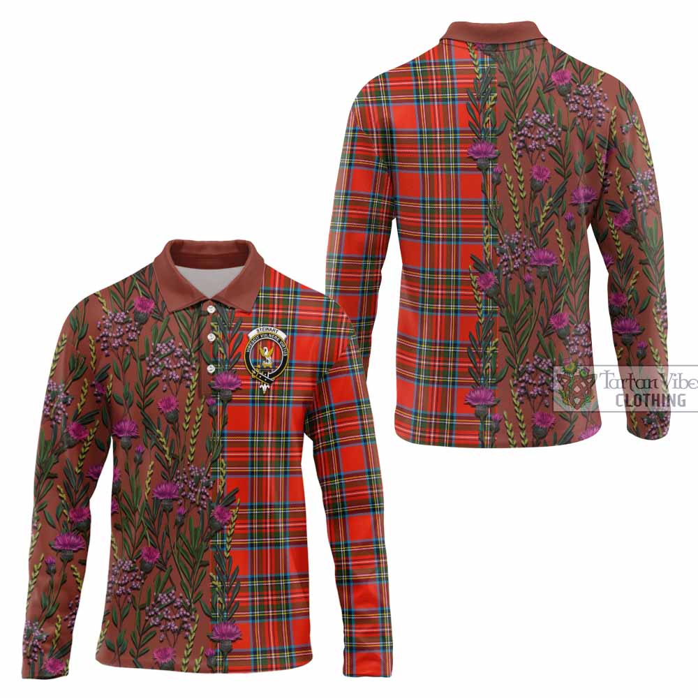 Stewart (Stuart) Family Crest Tartan Long Sleeve Polo Shirt Scottish Thistle Flower Pattern Half Style - Tartan Vibes Clothing