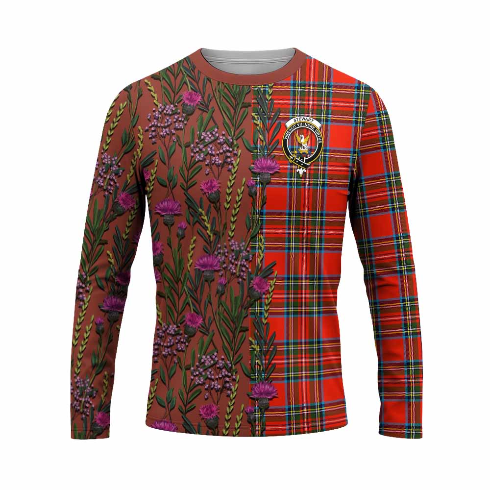 Stewart (Stuart) Family Crest Tartan Long Sleeve T-Shirt Scottish Thistle Flower Pattern Half Style - Tartan Vibes Clothing
