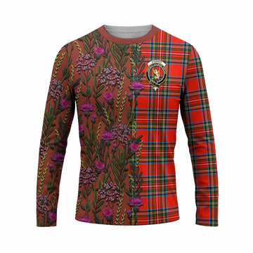 Stewart (Stuart) Family Crest Tartan Long Sleeve T-Shirt Scottish Thistle Flower Pattern Half Style - Tartan Vibes Clothing