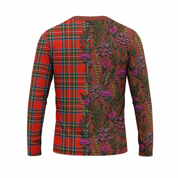 Stewart (Stuart) Family Crest Tartan Long Sleeve T-Shirt Scottish Thistle Flower Pattern Half Style - Tartan Vibes Clothing