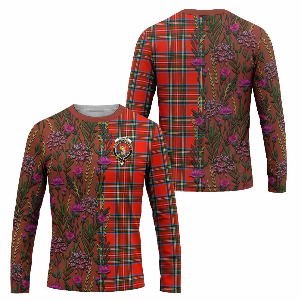 Stewart (Stuart) Family Crest Tartan Long Sleeve T-Shirt Scottish Thistle Flower Pattern Half Style - Tartan Vibes Clothing
