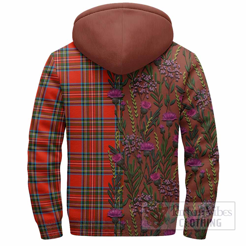 Stewart (Stuart) Family Crest Tartan Sherpa Hoodie Scottish Thistle Flower Pattern Half Style - Tartan Vibes Clothing