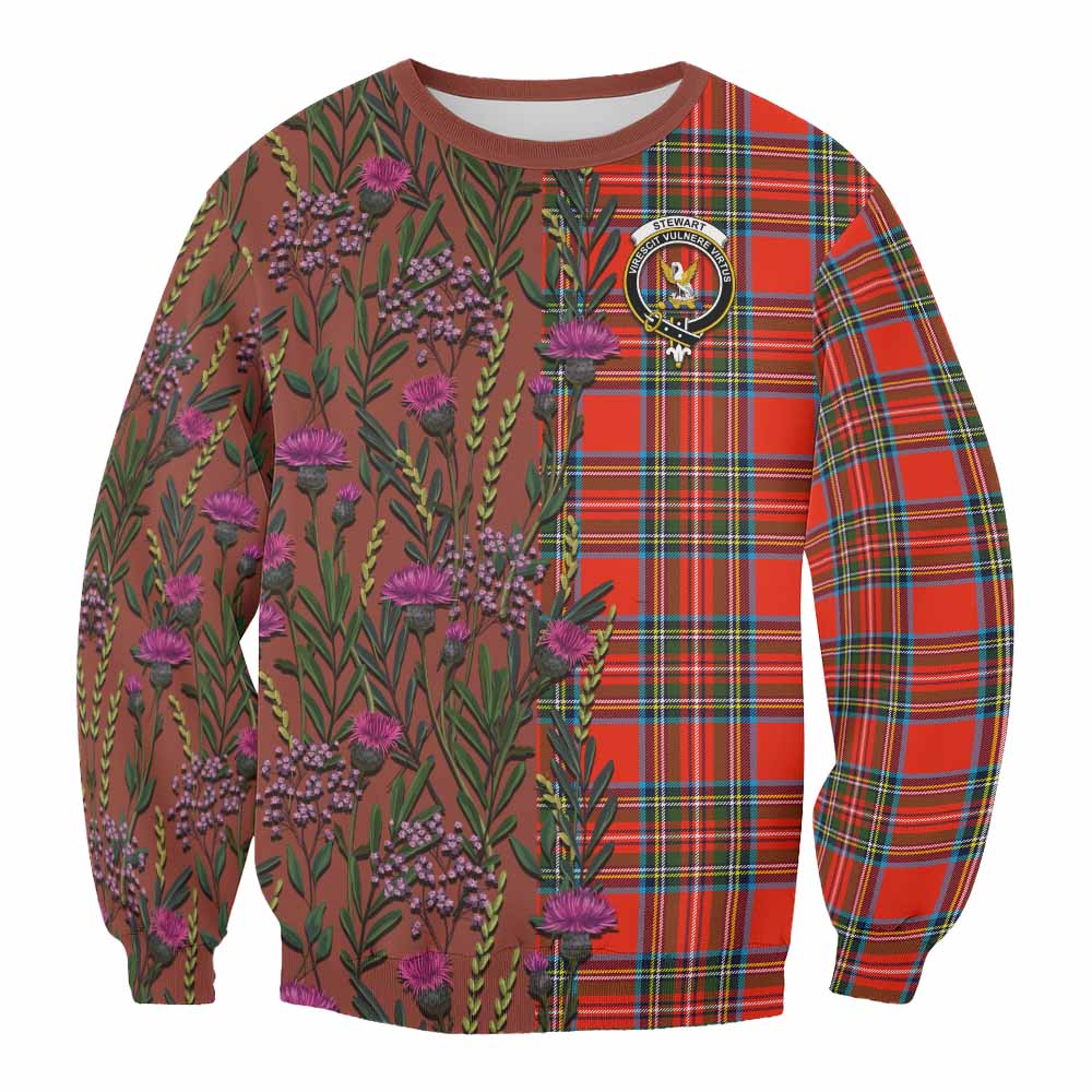 Stewart (Stuart) Family Crest Tartan Sweatshirt Scottish Thistle Flower Pattern Half Style - Tartan Vibes Clothing