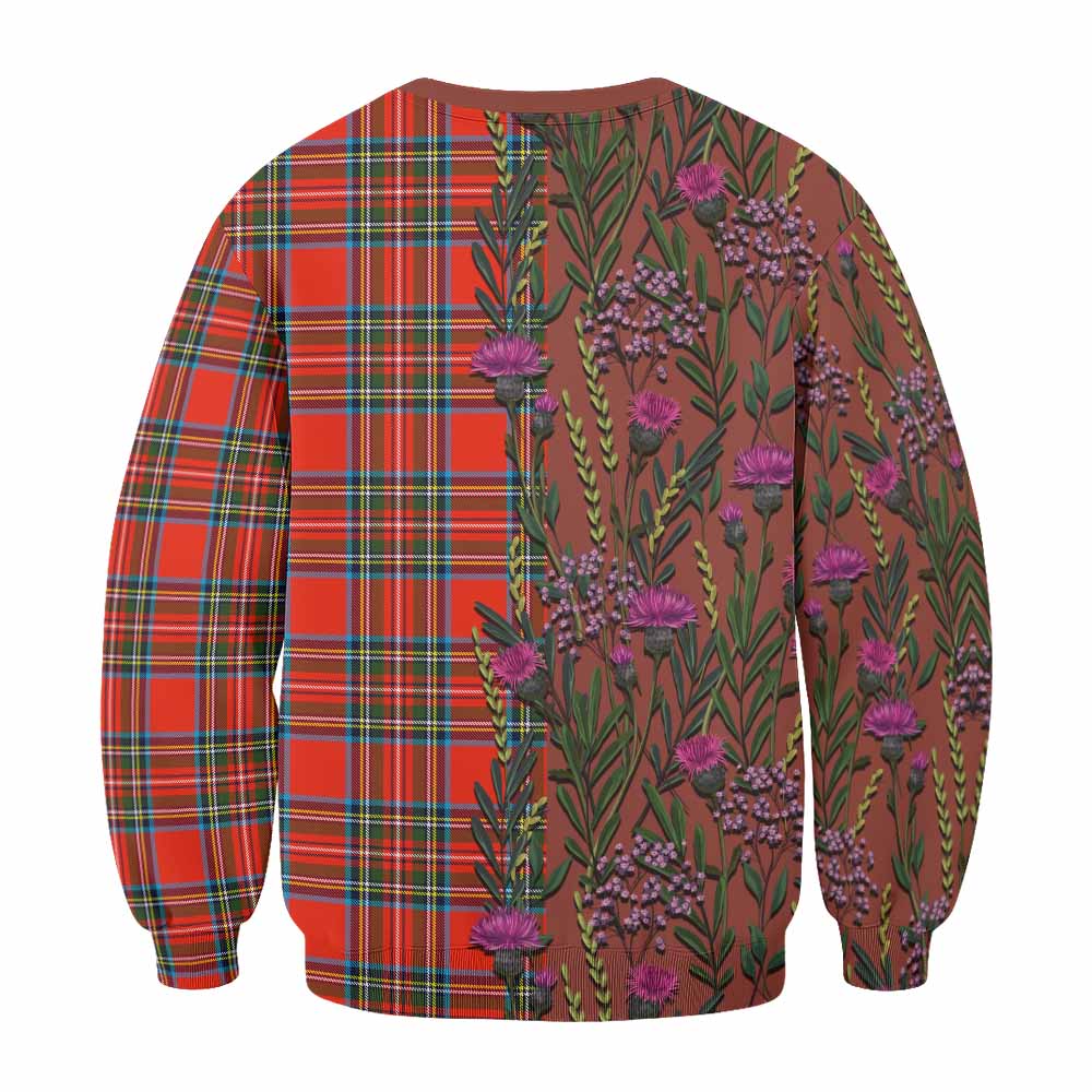 Stewart (Stuart) Family Crest Tartan Sweatshirt Scottish Thistle Flower Pattern Half Style - Tartan Vibes Clothing