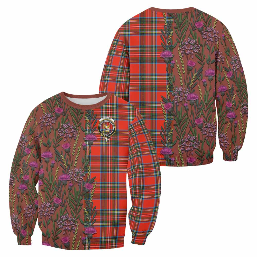 Stewart (Stuart) Family Crest Tartan Sweatshirt Scottish Thistle Flower Pattern Half Style - Tartan Vibes Clothing