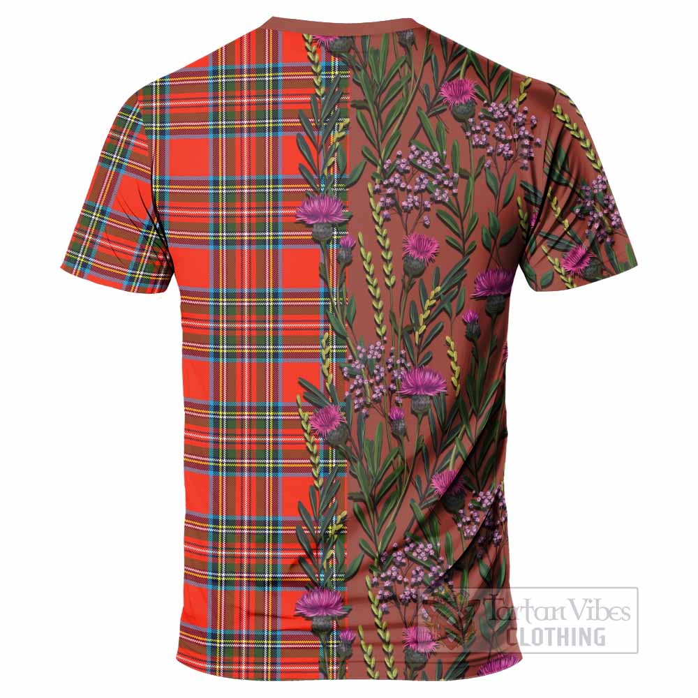 Stewart (Stuart) Family Crest Tartan T-Shirt Scottish Thistle Flower Pattern Half Style - Tartan Vibes Clothing