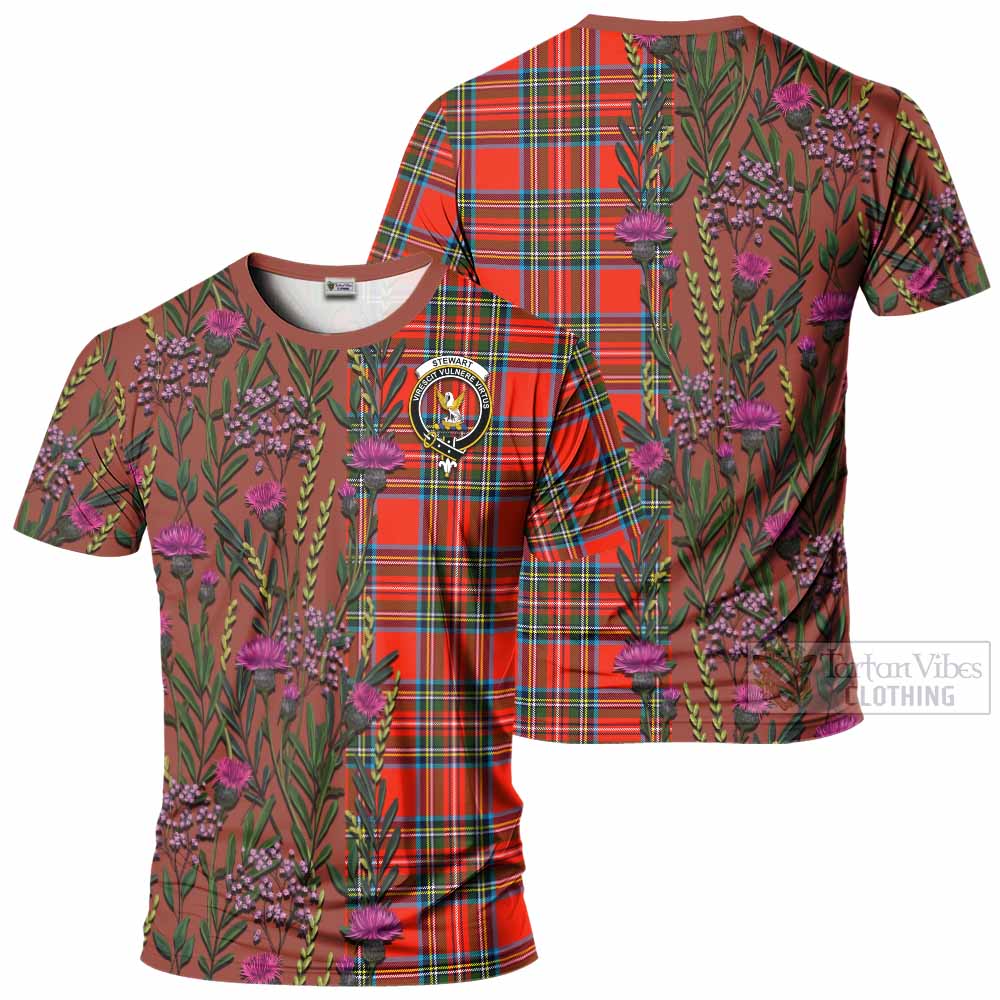 Stewart (Stuart) Family Crest Tartan T-Shirt Scottish Thistle Flower Pattern Half Style - Tartan Vibes Clothing