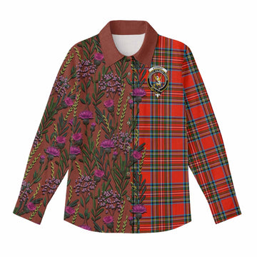 Stewart (Stuart) Family Crest Tartan Women Casual Shirt Scottish Thistle Flower Pattern Half Style - Tartan Vibes Clothing