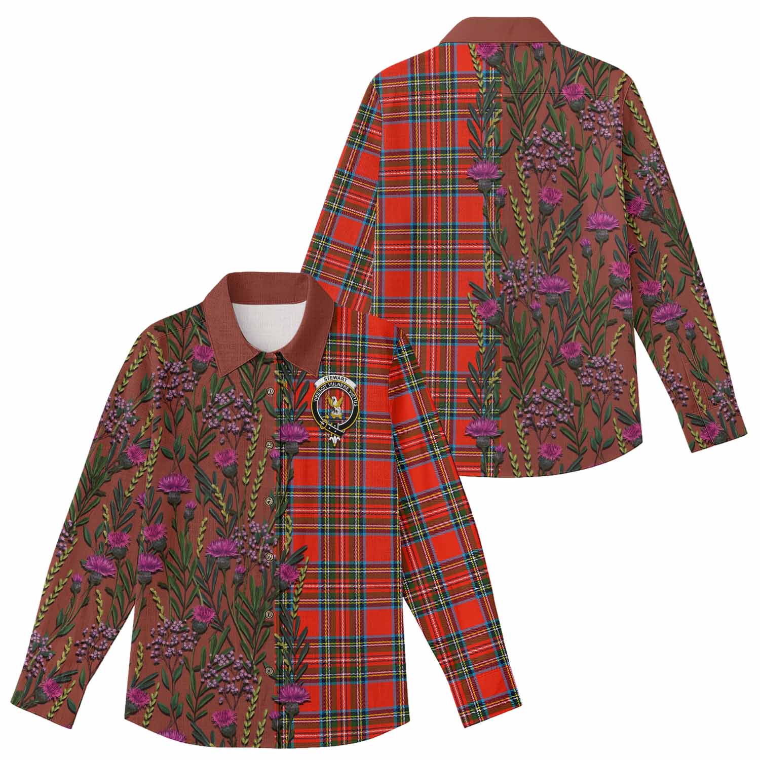 Stewart (Stuart) Family Crest Tartan Women Casual Shirt Scottish Thistle Flower Pattern Half Style - Tartan Vibes Clothing