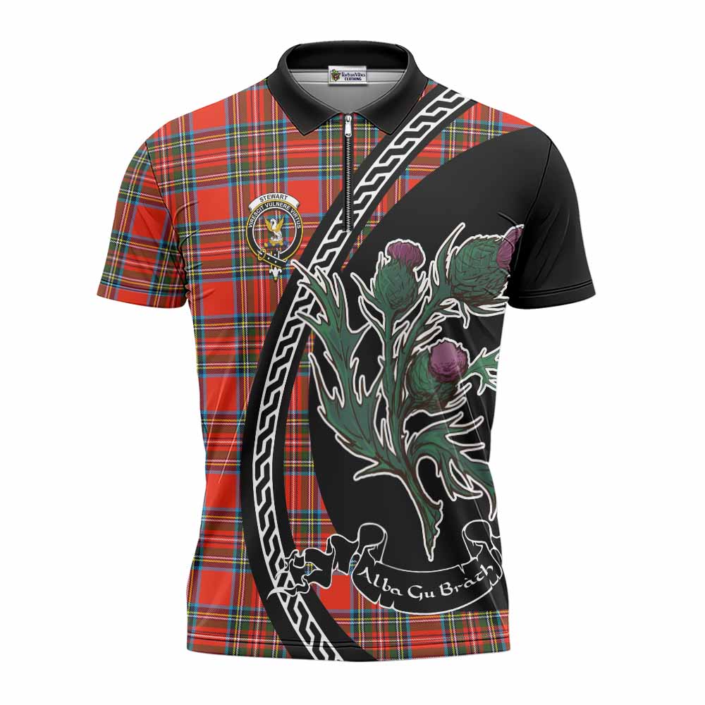 Stewart (Stuart) Family Crest Tartan Zipper Polo Shirt Alba Thistle Inspired - Tartan Vibes Clothing