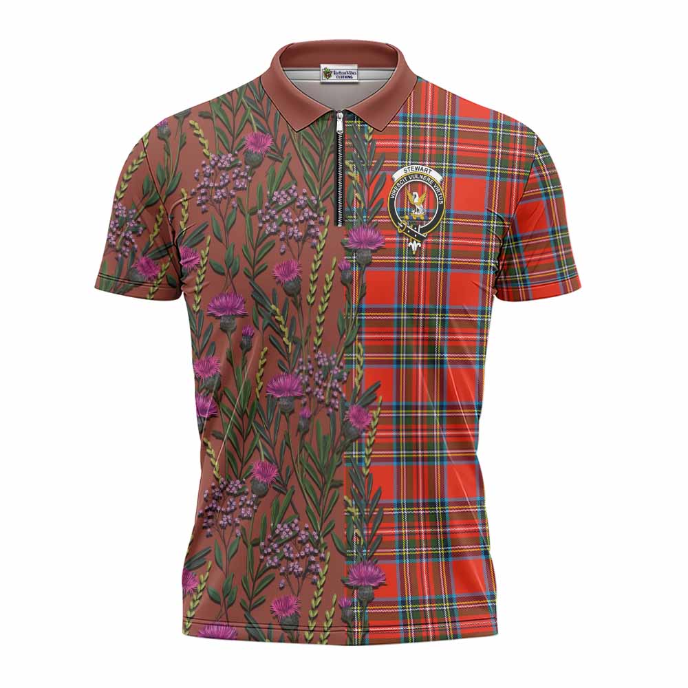 Stewart (Stuart) Family Crest Tartan Zipper Polo Shirt Scottish Thistle Flower Pattern Half Style - Tartan Vibes Clothing