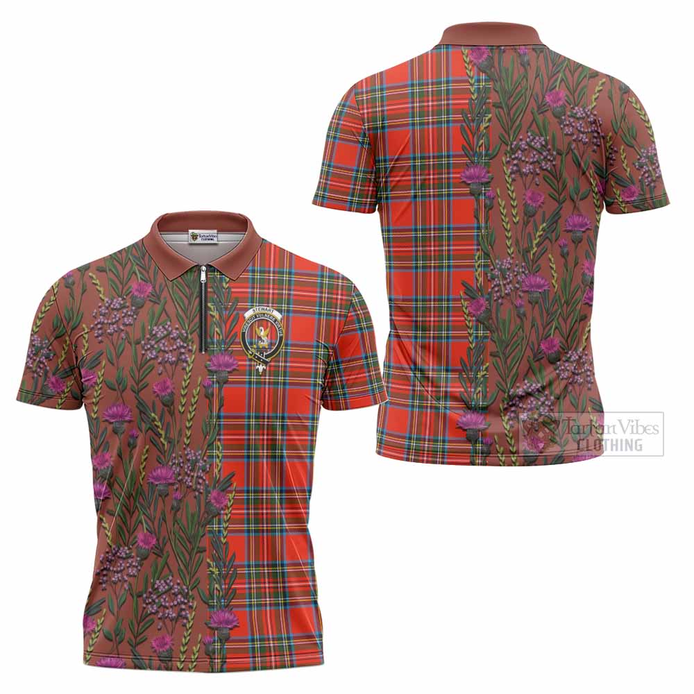Stewart (Stuart) Family Crest Tartan Zipper Polo Shirt Scottish Thistle Flower Pattern Half Style - Tartan Vibes Clothing