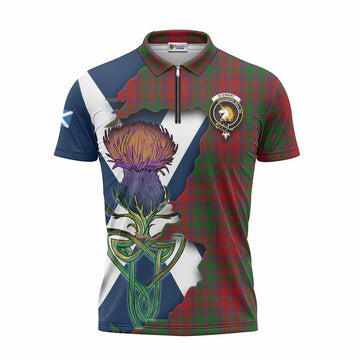 Stewart (Stuart) of Appin Tartan Family Crest Zipper Polo Shirt Scottish Thistle Celtic Inspired