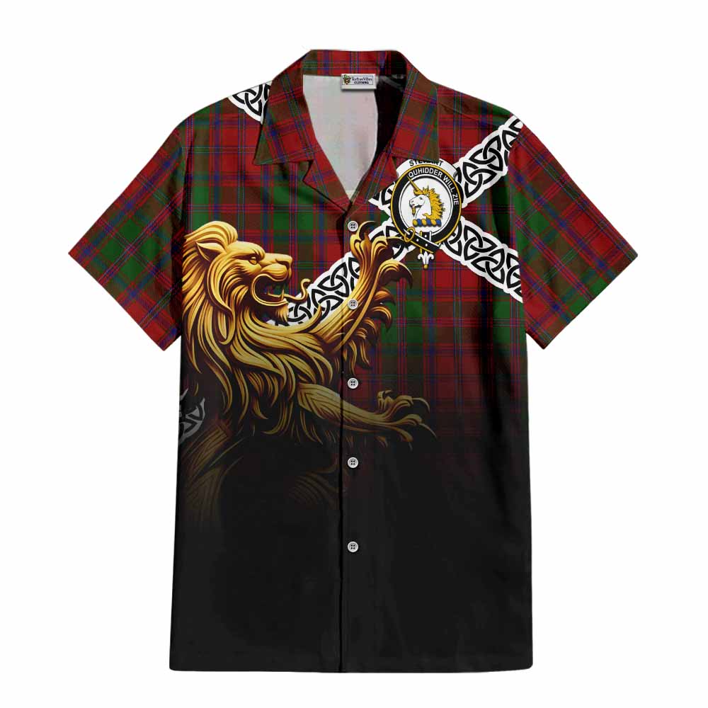 Tartan Vibes Clothing Stewart (Stuart) of Appin Crest Tartan Short Sleeve Button Shirt with Golden Lion Emblem Celtic Style