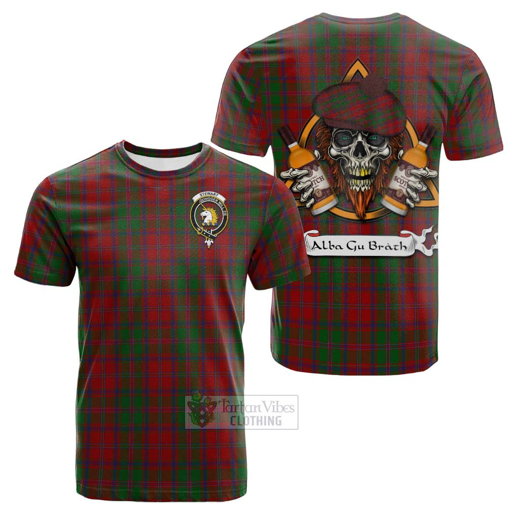 Tartan Vibes Clothing Stewart (Stuart) of Appin Tartan Cotton T-shirt with Family Crest and Bearded Skull Holding Bottles of Whiskey