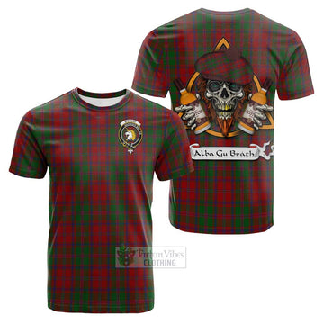 Tartan Vibes Clothing Stewart (Stuart) of Appin Tartan Cotton T-shirt with Family Crest and Bearded Skull Holding Bottles of Whiskey