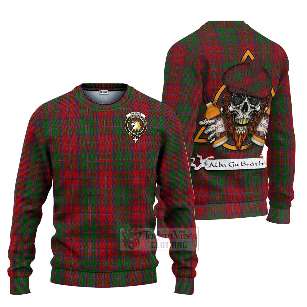 Tartan Vibes Clothing Stewart (Stuart) of Appin Tartan Knitted Sweater with Family Crest and Bearded Skull Holding Bottles of Whiskey