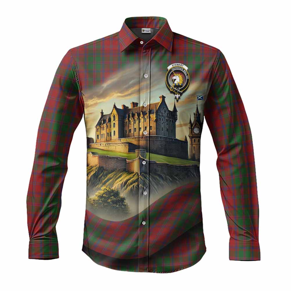 Tartan Vibes Clothing Stewart (Stuart) of Appin Tartan Family Crest Long Sleeve Button Shirt with Scottish Ancient Castle Style