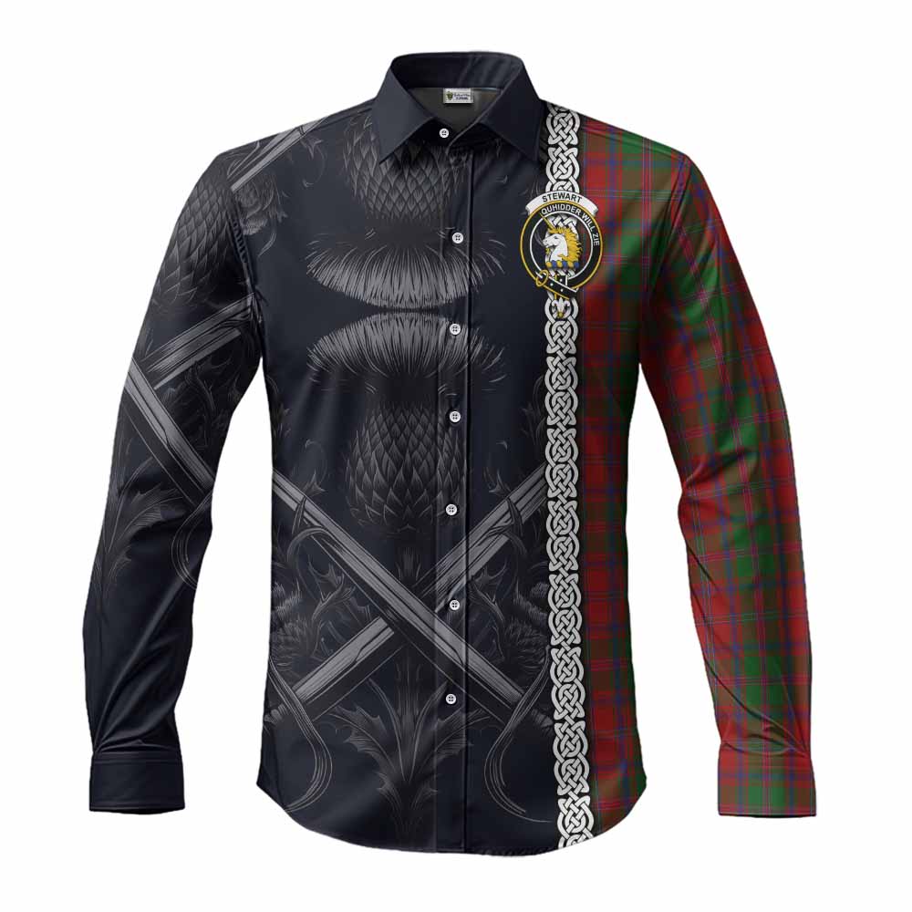 Tartan Vibes Clothing Stewart (Stuart) of Appin Tartan Long Sleeve Button Shirt with Family Crest Cross Sword Thistle Celtic Vibes