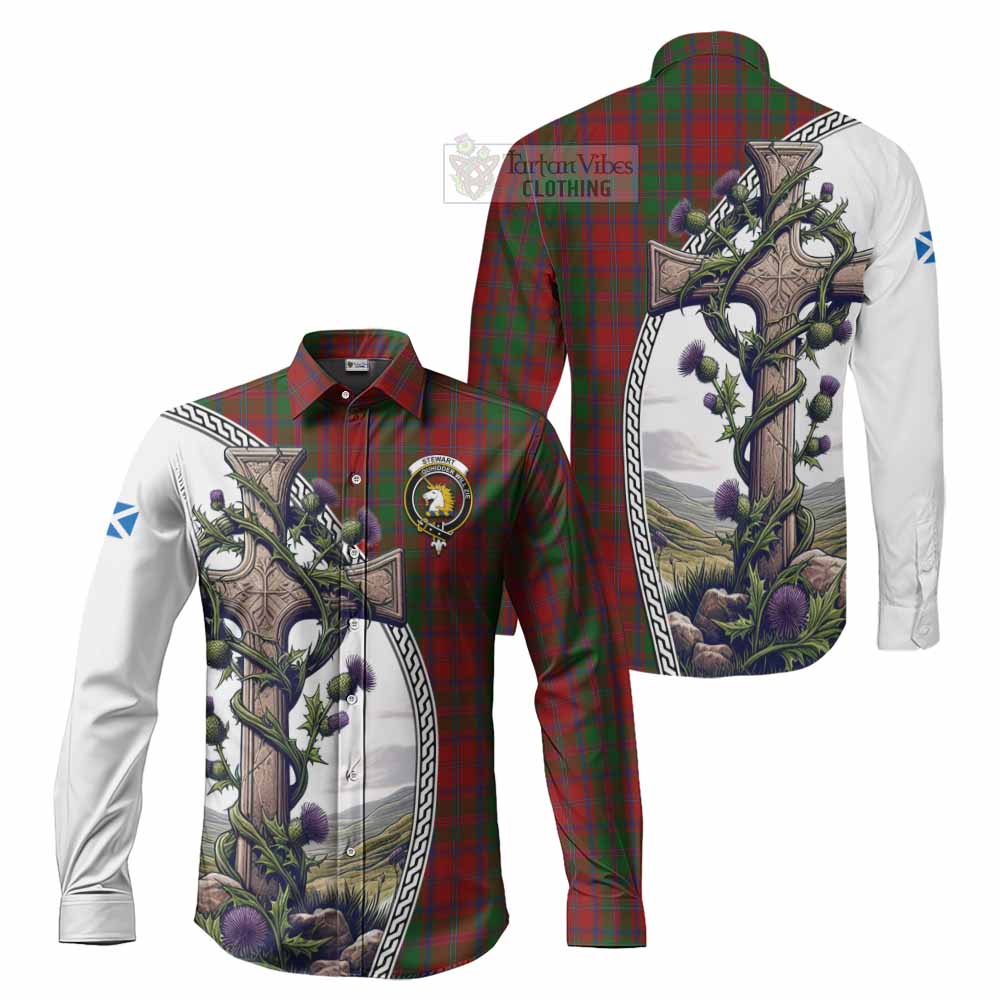 Tartan Vibes Clothing Stewart (Stuart) of Appin Tartan Long Sleeve Button Shirt with Family Crest and St. Andrew's Cross Accented by Thistle Vines