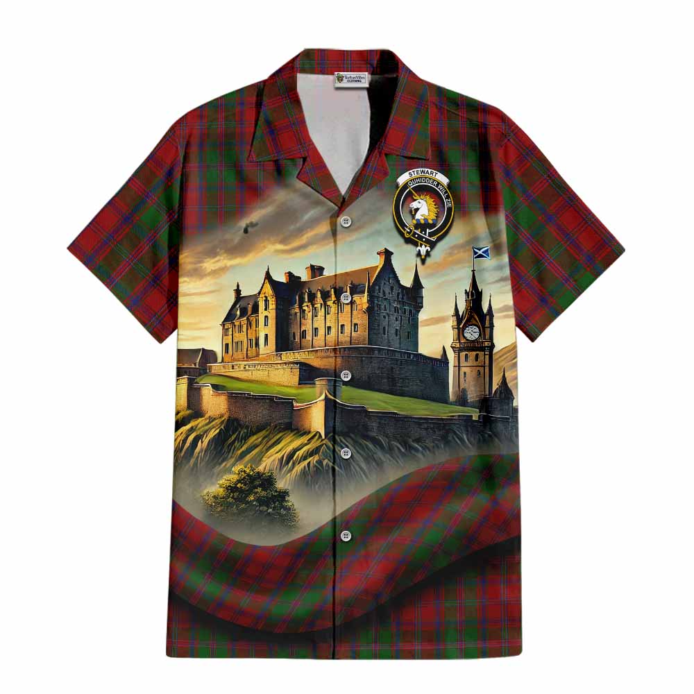 Tartan Vibes Clothing Stewart (Stuart) of Appin Tartan Family Crest Short Sleeve Button Shirt with Scottish Ancient Castle Style