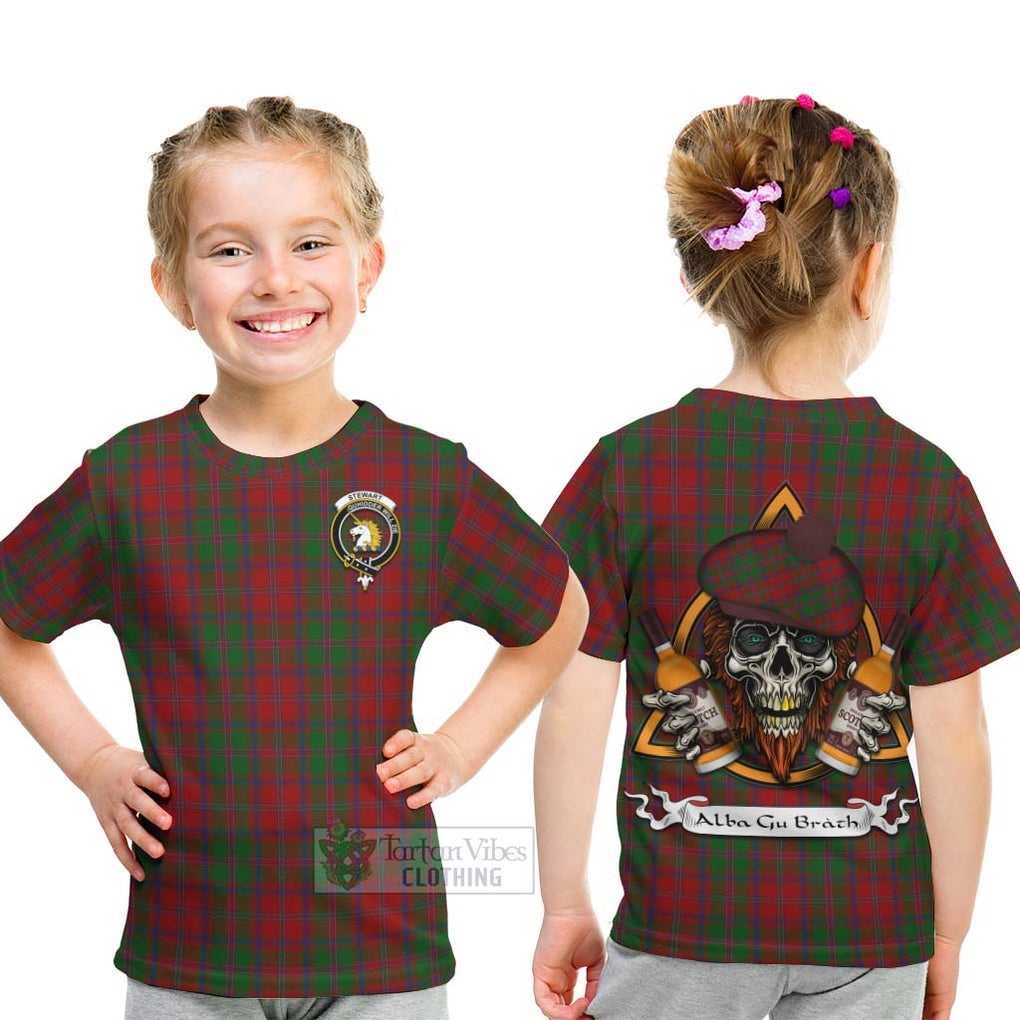 Tartan Vibes Clothing Stewart (Stuart) of Appin Tartan Kid T-Shirt with Family Crest and Bearded Skull Holding Bottles of Whiskey