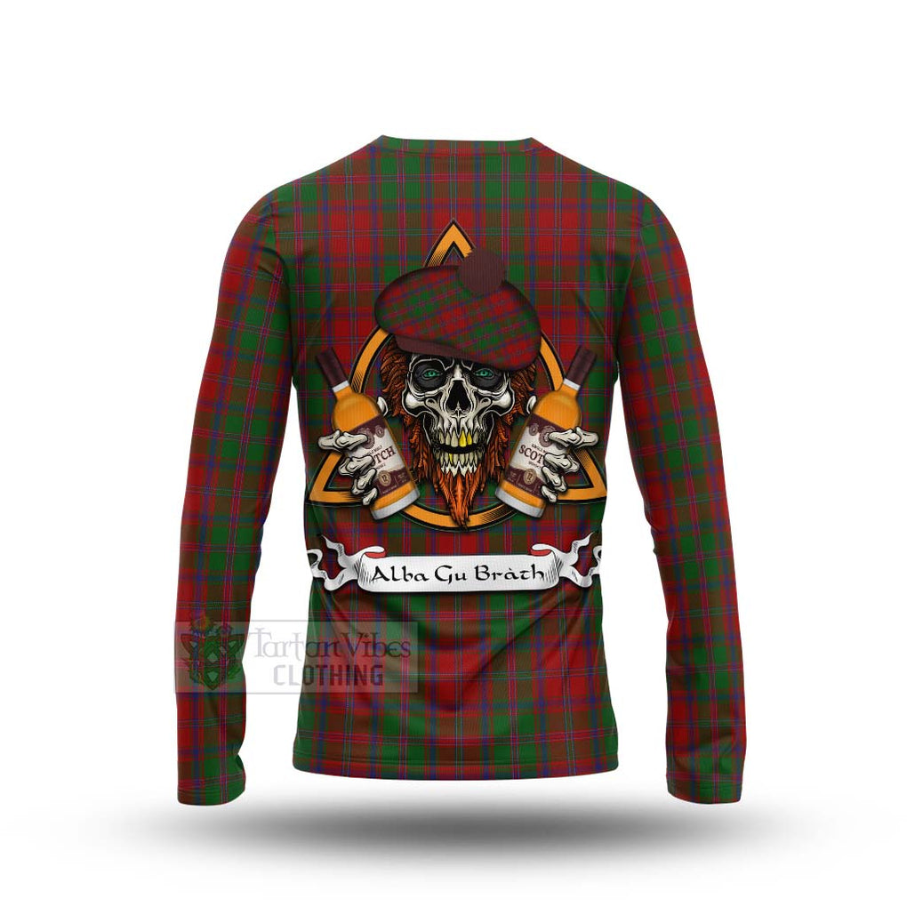 Tartan Vibes Clothing Stewart (Stuart) of Appin Tartan Long Sleeve T-Shirt with Family Crest and Bearded Skull Holding Bottles of Whiskey