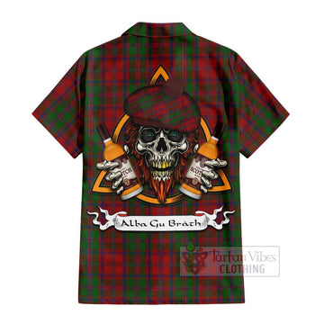 Tartan Vibes Clothing Stewart (Stuart) of Appin Tartan Short Sleeve Button Shirt with Family Crest and Bearded Skull Holding Bottles of Whiskey
