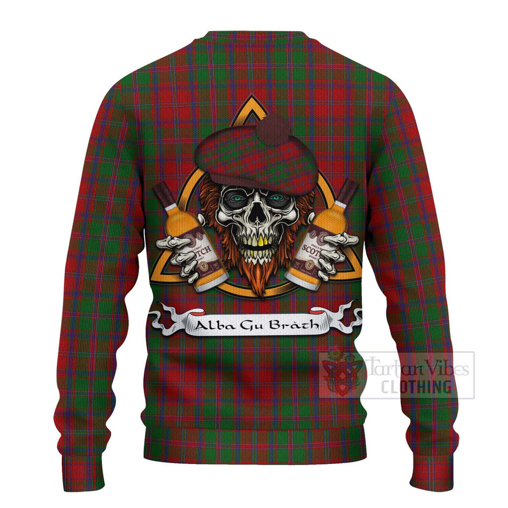 Tartan Vibes Clothing Stewart (Stuart) of Appin Tartan Knitted Sweater with Family Crest and Bearded Skull Holding Bottles of Whiskey