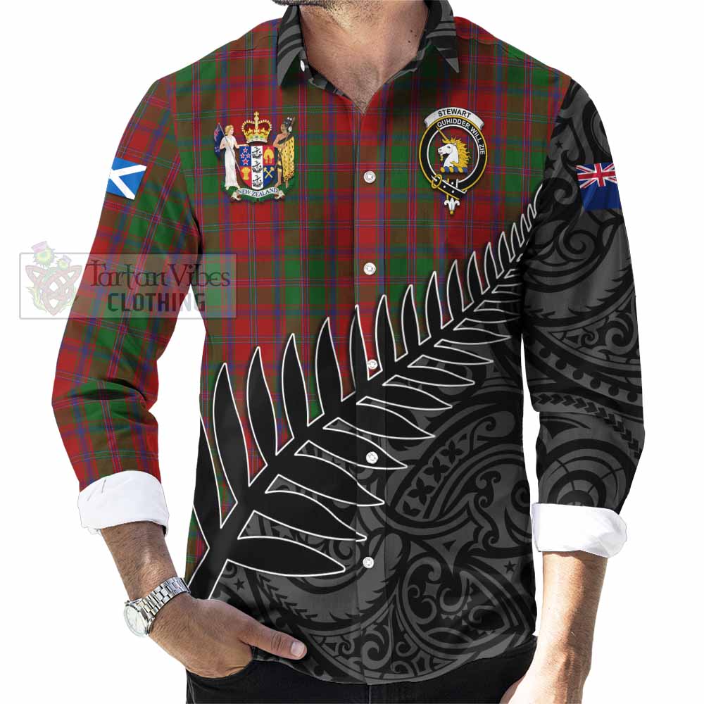 Tartan Vibes Clothing Stewart (Stuart) of Appin Crest Tartan Long Sleeve Button Shirt with New Zealand Silver Fern Half Style