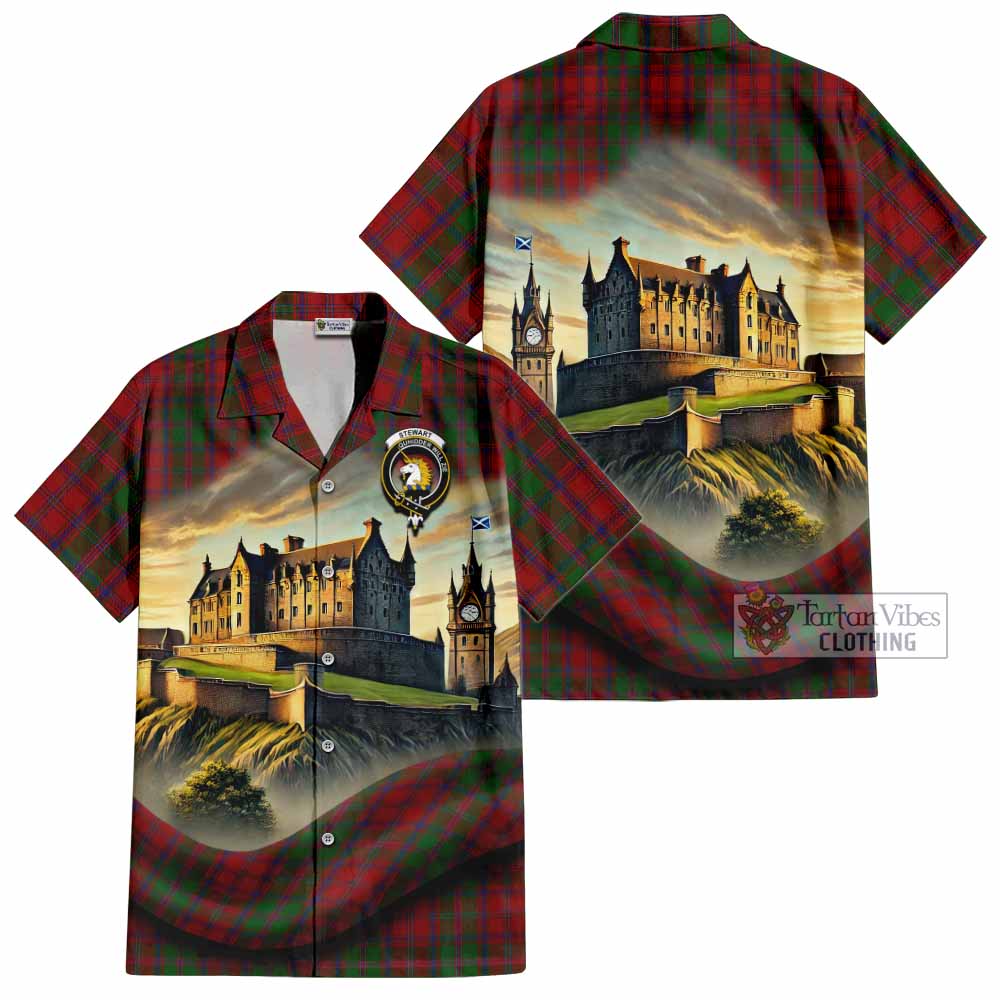 Tartan Vibes Clothing Stewart (Stuart) of Appin Tartan Family Crest Short Sleeve Button Shirt with Scottish Ancient Castle Style