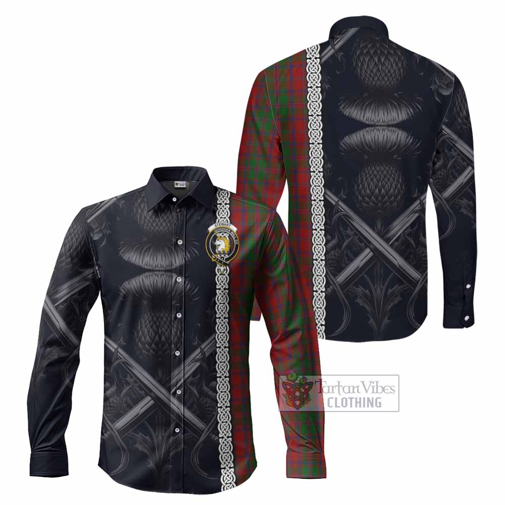 Tartan Vibes Clothing Stewart (Stuart) of Appin Tartan Long Sleeve Button Shirt with Family Crest Cross Sword Thistle Celtic Vibes