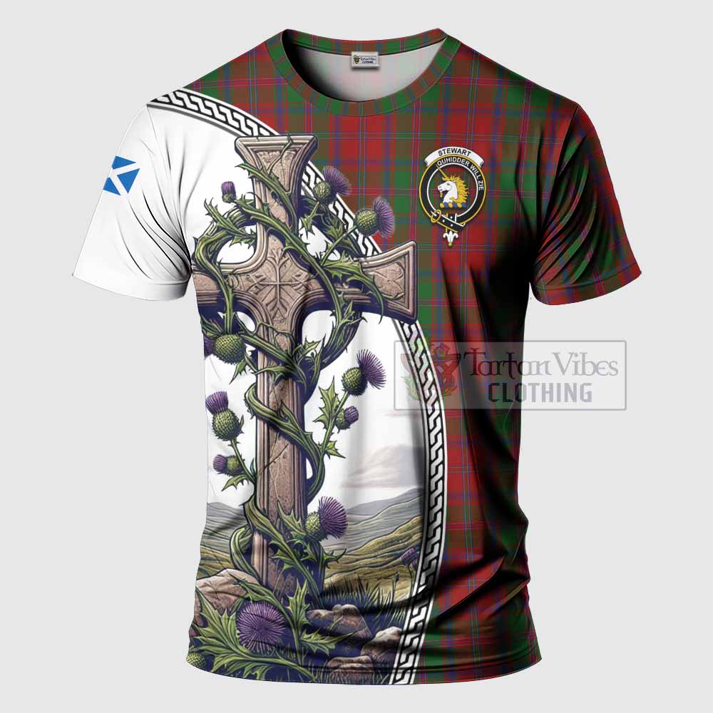 Tartan Vibes Clothing Stewart (Stuart) of Appin Agnew Tartan T-Shirt with Family Crest and St. Andrew's Cross Accented by Thistle Vines