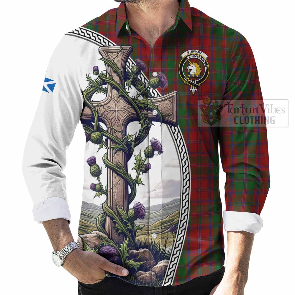Tartan Vibes Clothing Stewart (Stuart) of Appin Tartan Long Sleeve Button Shirt with Family Crest and St. Andrew's Cross Accented by Thistle Vines