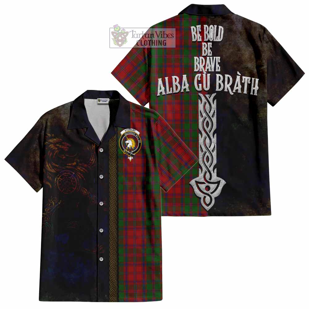 Tartan Vibes Clothing Stewart (Stuart) of Appin Tartan Family Crest Short Sleeve Button Shirt Alba Gu Brath Be Brave Lion Ancient Style