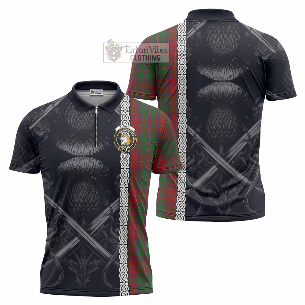 Tartan Vibes Clothing Stewart (Stuart) of Appin Tartan Zipper Polo Shirt with Family Crest Cross Sword Thistle Celtic Vibes