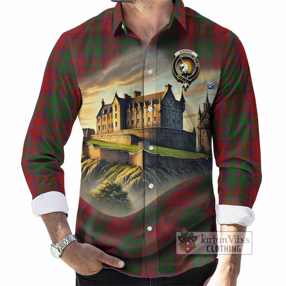Tartan Vibes Clothing Stewart (Stuart) of Appin Tartan Family Crest Long Sleeve Button Shirt with Scottish Ancient Castle Style