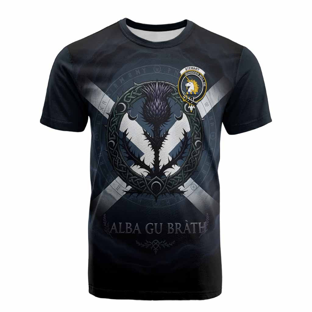 Stewart (Stuart) of Appin Clan Crest Cotton T-shirt with Celtic Knot Thistle and Saltire