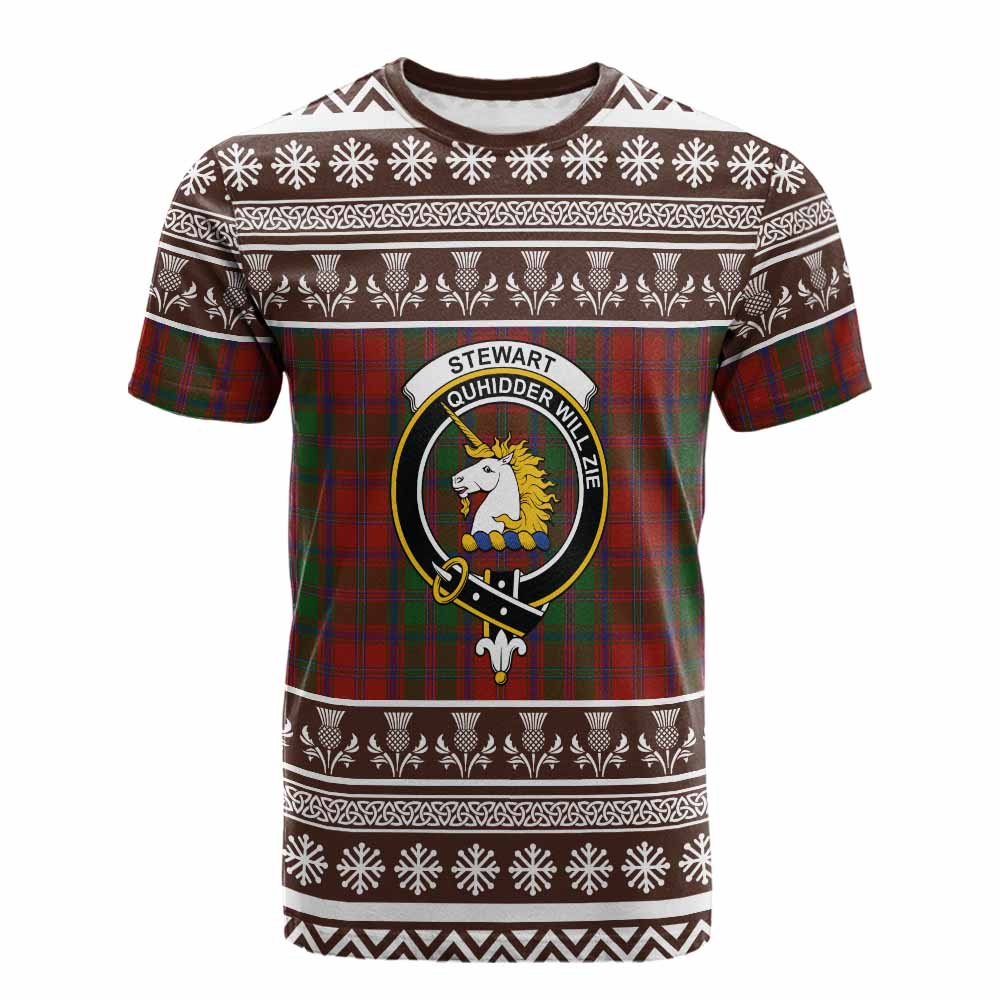 Stewart (Stuart) of Appin Clan Tartan Christmas Cotton T-shirt with Family Crest - Tartan Vibes Clothing