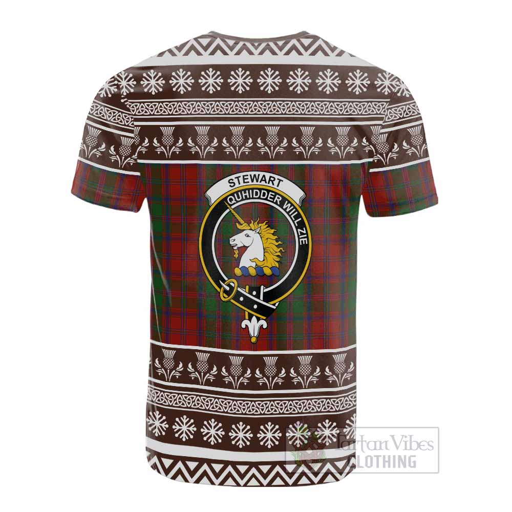 Stewart (Stuart) of Appin Clan Tartan Christmas Cotton T-shirt with Family Crest - Tartan Vibes Clothing