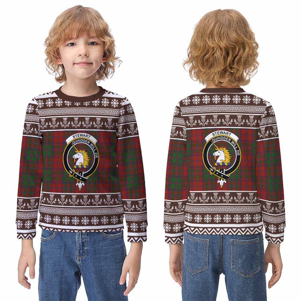 Stewart (Stuart) of Appin Clan Tartan Christmas Kid Ugly Sweatshirt with Family Crest - Tartan Vibes Clothing
